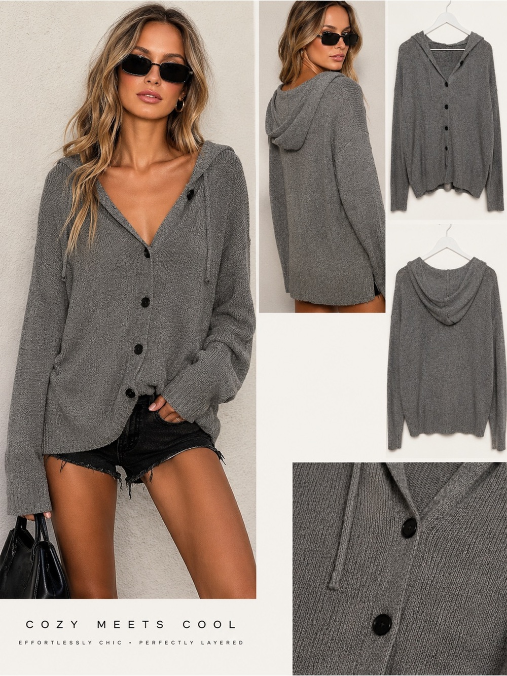 Gray Hooded Button-Front Women's Sweater